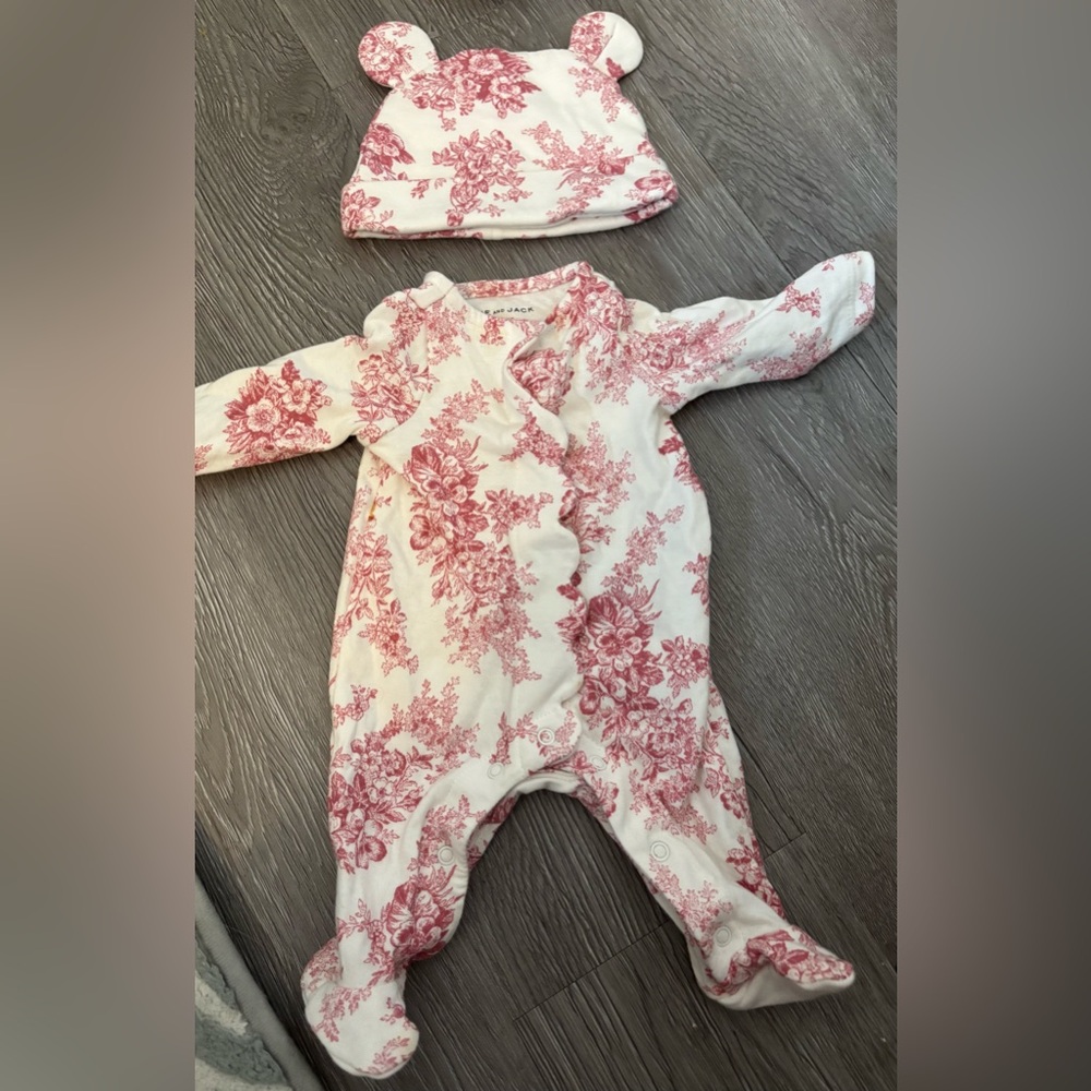 Janie and Jack Floral Romper & Hat One Piece - Red and Cream